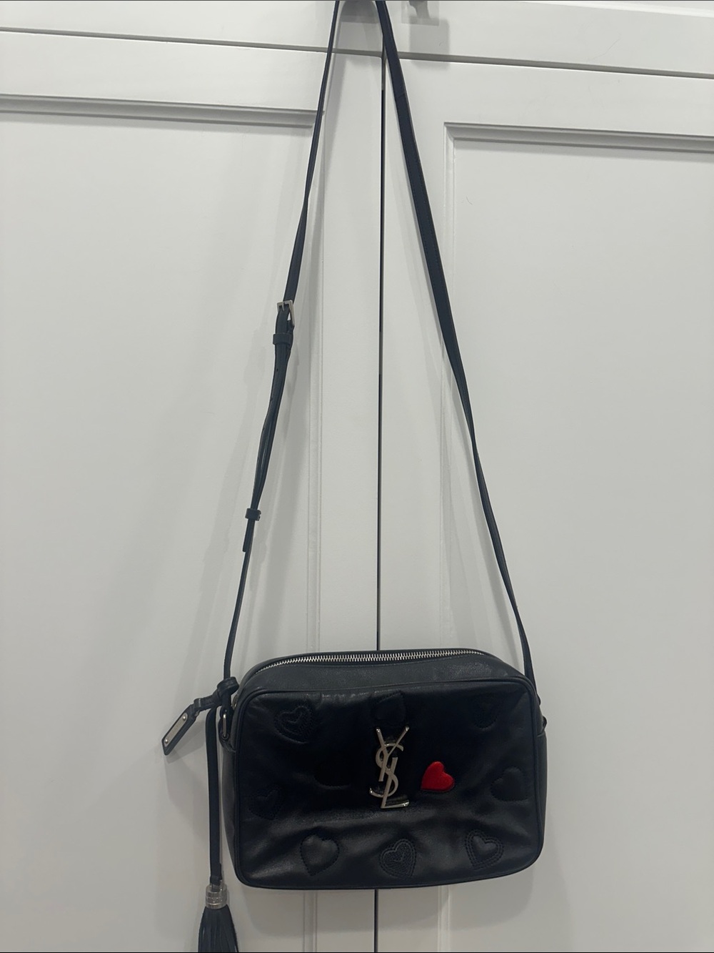 Yves Saint Laurent Black Leather Crossbody with Red Heart Accent